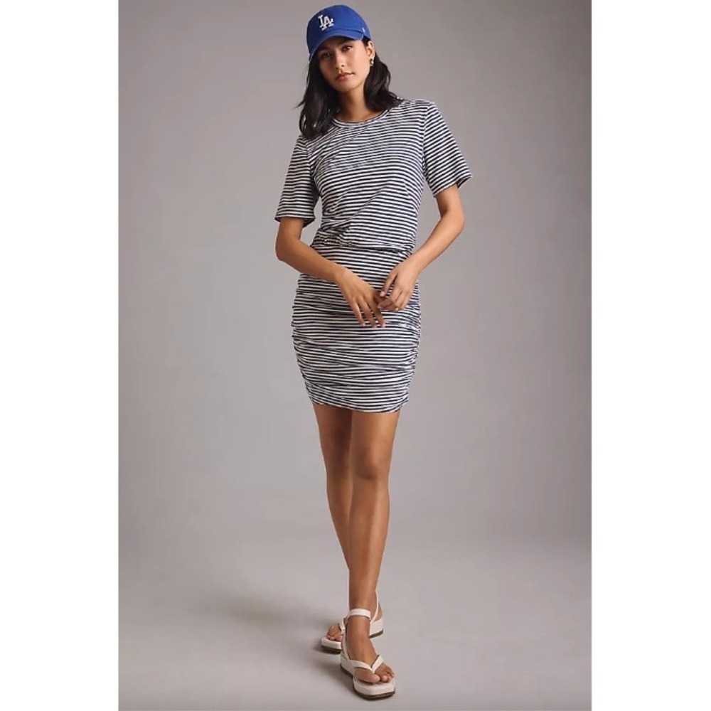 Stateside Anthropologie Navy White Bodycon Ruched T-Shirt Dress NWT | Size L